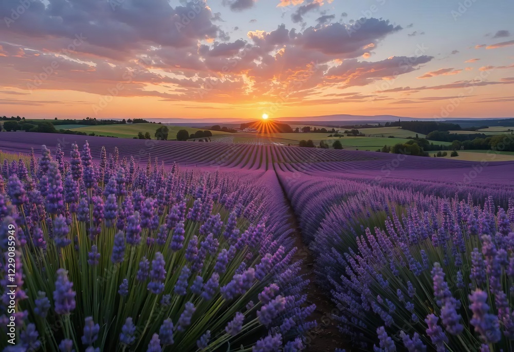 Naklejka premium A breathtaking view of a lavender field at sunset with a moody sky and pastel colors.