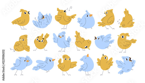 Cute birds set. Kawaii comic winged characters singing, flying, in playful po...