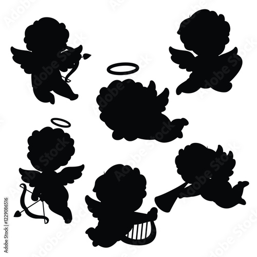 Cherub cupid silhouettes, angels with love arrows and bows or blowing horns, vector icons. Valentine day cupids or cherubim baby angles flying in wings for vintage retro cherub silhouettes
