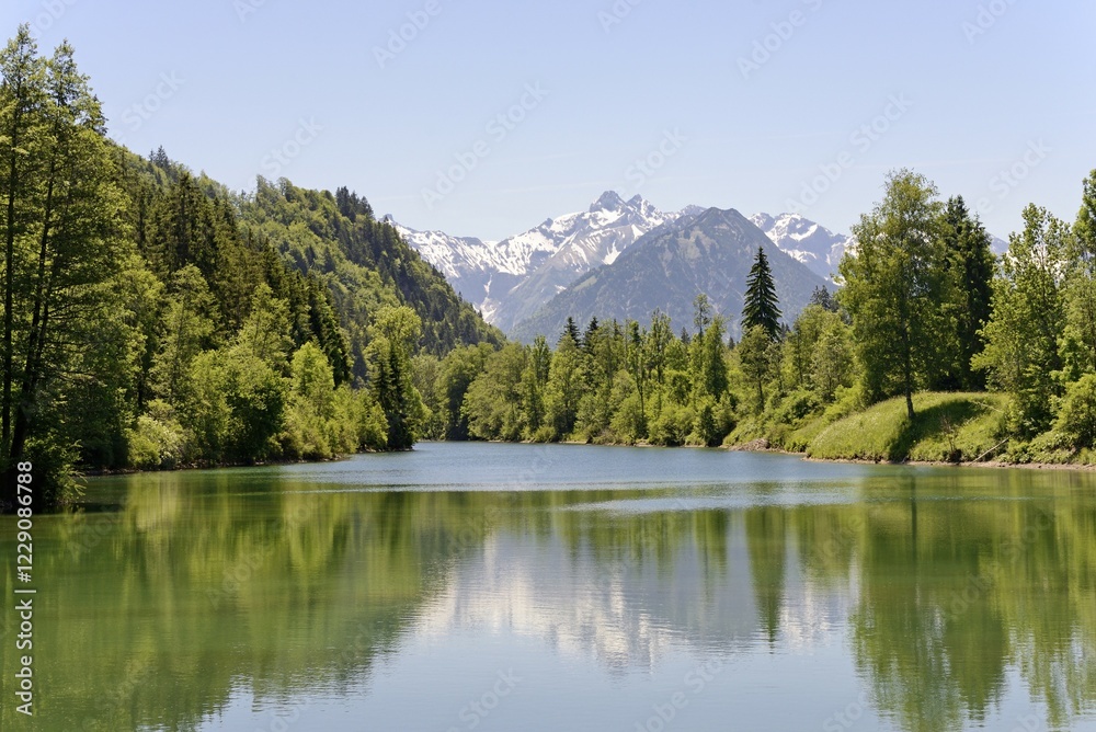Auwaldsee near Fischen in Allgäu, landscape reflected on the water surface, Allgäu Alps, Bavaria, Germany, Europe