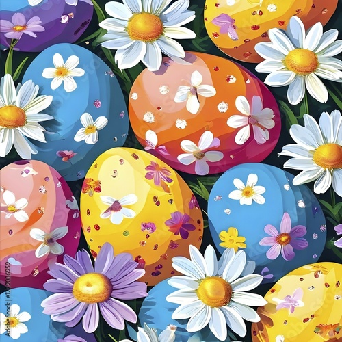Abstract illustration of of vibrant-colored Easter eggs, surrounded by delicate spring flowers, AI generated