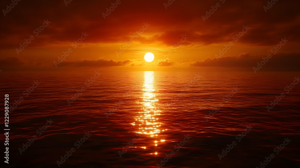 Fiery ocean sunset, dramatic clouds, tranquil sea