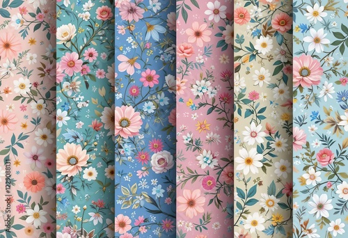 A digital background with small flowers in various colors and patterns