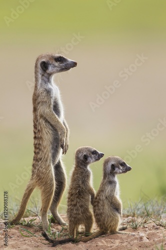 Obraz na płótnie Suricates (Suricata suricatta), adult with two young on the lookout, during the