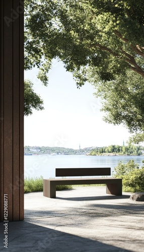 Photorealistic post modern interior with park bench and sunny stockholm archipelago view