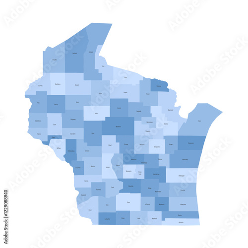 Wisconsin, WI - detailed political map of US state. Administrative map divided into counties. Blue map with county name labels. Vector illustration