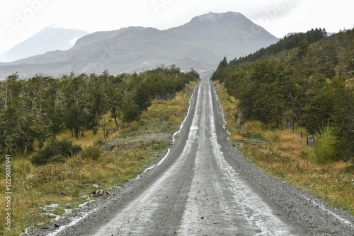 Corrugated iron runway of the Carretera Austral in the rain, Ruta CH7, Panamerican Highway, between Cochrane, Puerto Guadal and Rio Tranquillo, Region de Aysen, Patagonia, Chile, South America photo