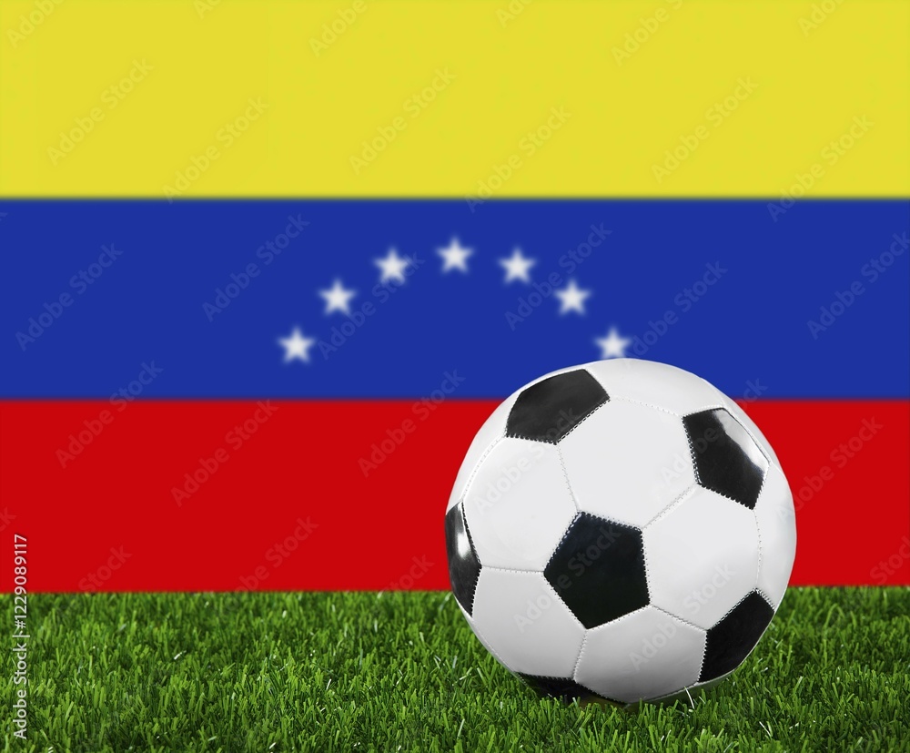 Fototapeta premium The Venezuelan flag and soccer ball on the green grass