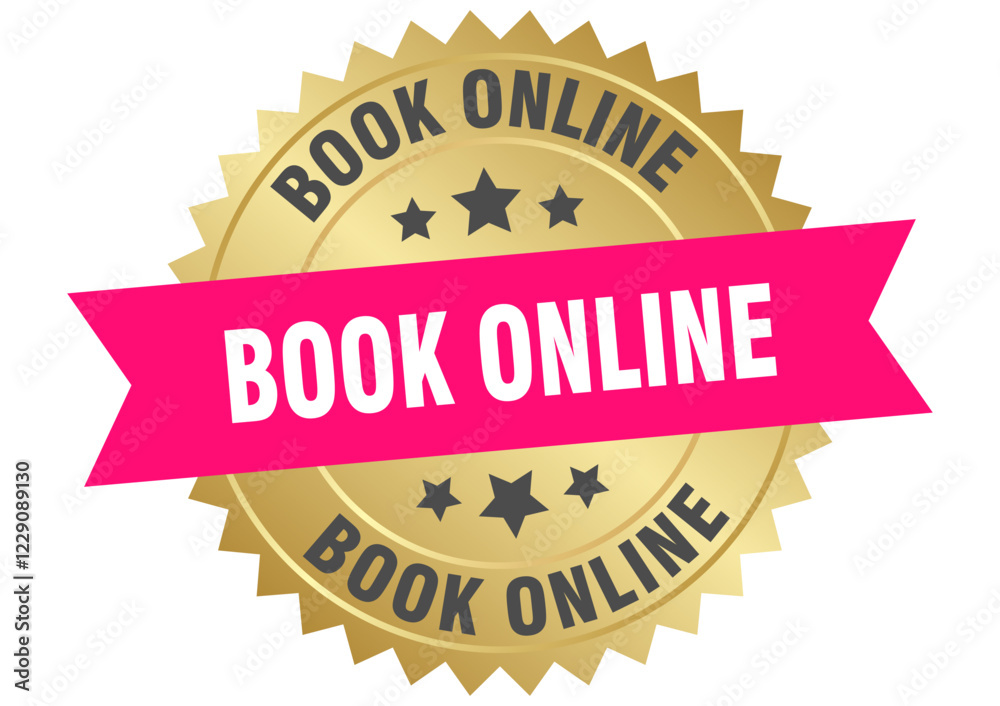 book online. book online round pink and gold label isolated on transparent background book online. book online round pink and gold label isolated on transparent background