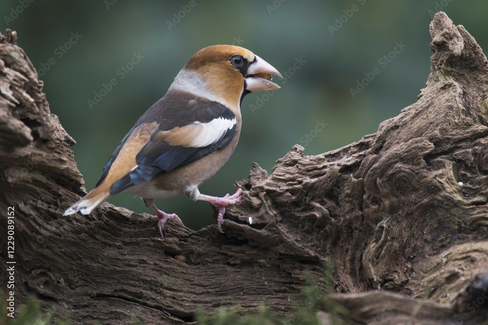 Fototapeta premium Hawfinch (Coccothraustes coccothraustes) sits on a tree stump and eats, Emsland, Lower Saxony, Germany, Europe