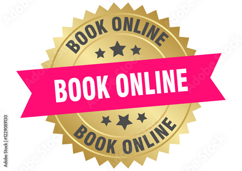 book online. book online round pink and gold label isolated on transparent background