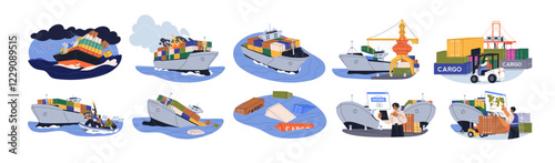 Cargo ships with freight containers. Sea transportation route, logistics, emergency, accidents set. Delivery, shipment insurance concept. Flat graphic vector illustrations isolated on white background