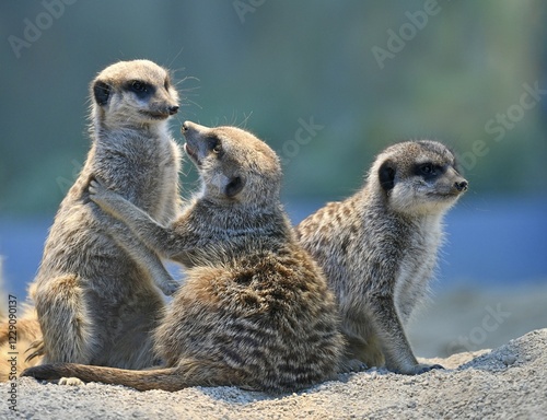 Meerkat (Suricata suricatta), captive, cuddling, young animals, Germany, Europe
