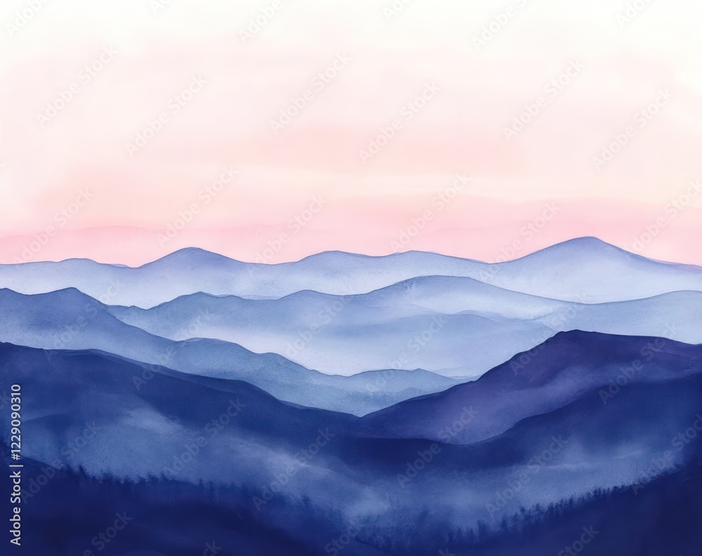 Obraz premium A serene watercolor painting of the Great Smoky Mountains, featuring layers of blue and purple hues against an pink sky at sunset.