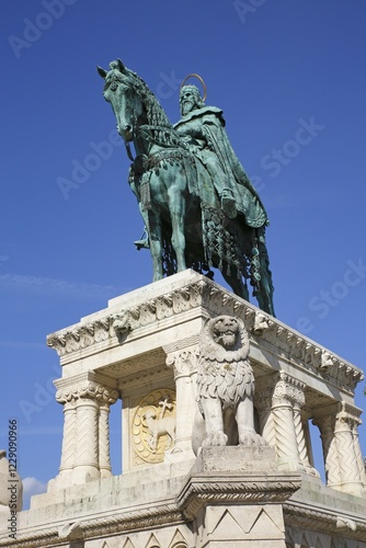 Equestrian statue King Stephen I. at the Fisherman's Bastion in the Castle District, Budapest, Hungary, Europe photo