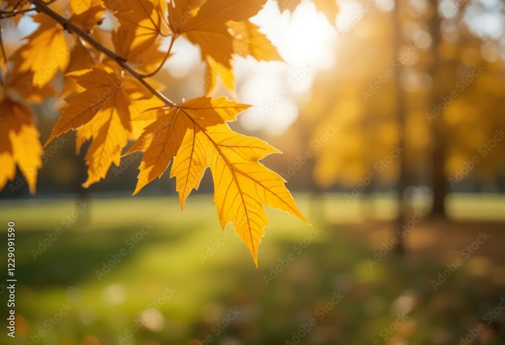 Fototapeta premium A close-up of a yellow autumn leaf with blurred orange and green trees in the background
