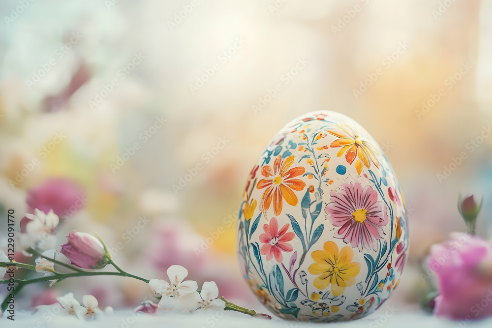 Fototapeta premium Beautifully painted floral egg among spring blossoms
