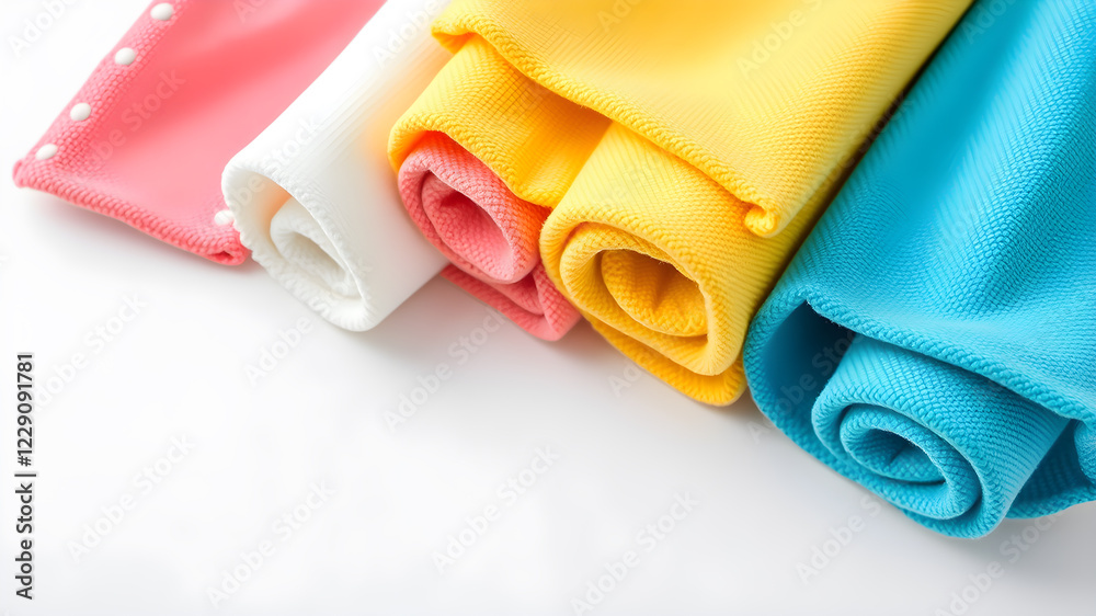 Rolled different microfiber cloths on white background, top view. Space for text. Generative AI Rolled different microfiber cloths on white background, top view. Space for text. Generative AI