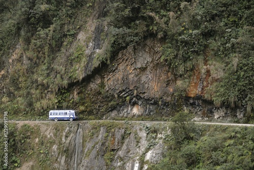 Bus on Death Road, Camino de la Muerte, Yungas North Road between La Paz and Coroico, Bolivia, South America photo