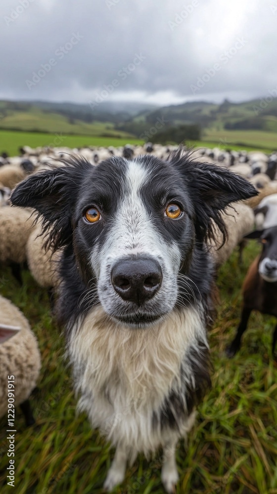 Amidst a sea of woolly sheep, a curious sheepdog stands guard, showcasing its loyalty and focus in a tranquil, sprawling green pasture under a cloudy sky Amidst a sea of woolly sheep, a curious sheepdog stands guard, showcasing its loyalty and focus in a tranquil, sprawling green pasture under a cloudy sky