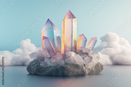 A stunning arrangement of glowing purple and clear quartz crystals surrounded by soft clouds, creating a dreamy and ethereal atmosphere with vibrant light reflections and a tranquil, mystical vibe
