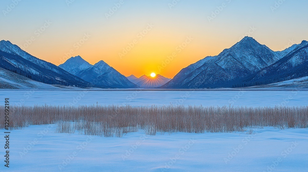 Stunning sunset over snow-covered valley and mountains. Stunning sunset over snow-covered valley and mountains.