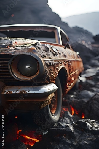 Car that was overtaken by lava now eerily preserved in rocks, AI generated