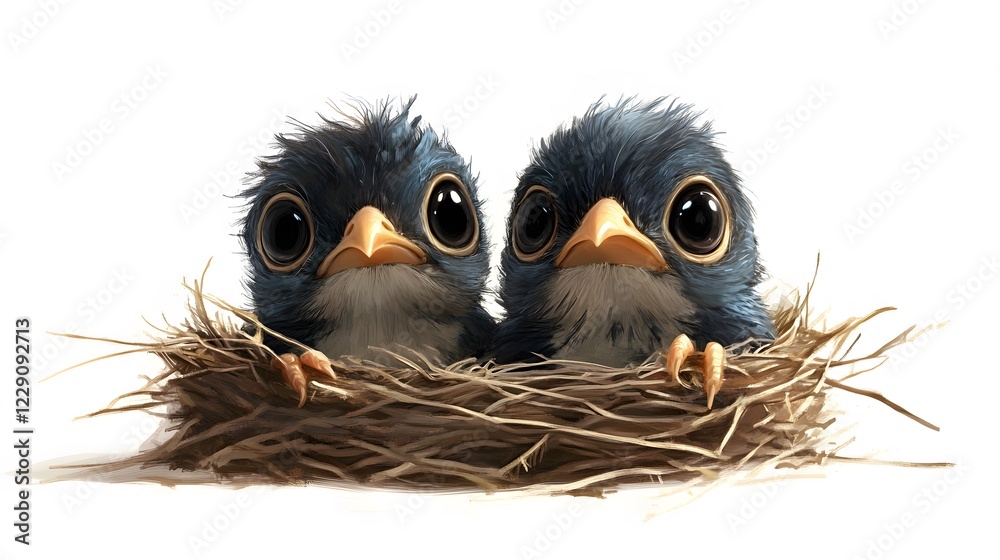 Fototapeta premium A pair of baby birds peeping from their nest, against a white background