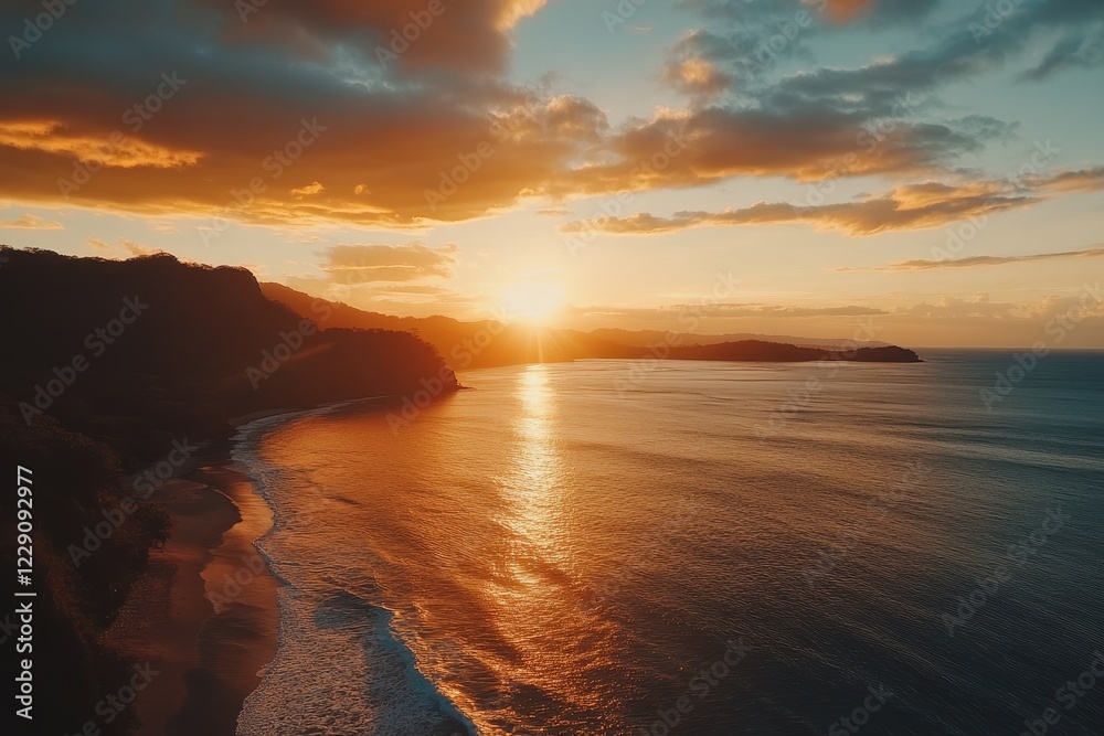 Obraz premium Stunning sunset over Playa Ocotal coastline in Guanacaste, Costa Rica during serene evening hours, Stunning views of Playa Ocotal in Guanacaste, Costa Rica