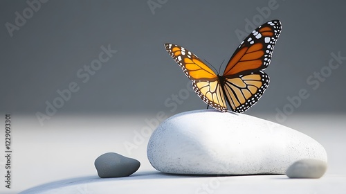 A butterfly fluttering over a white rock, the wings spread wide