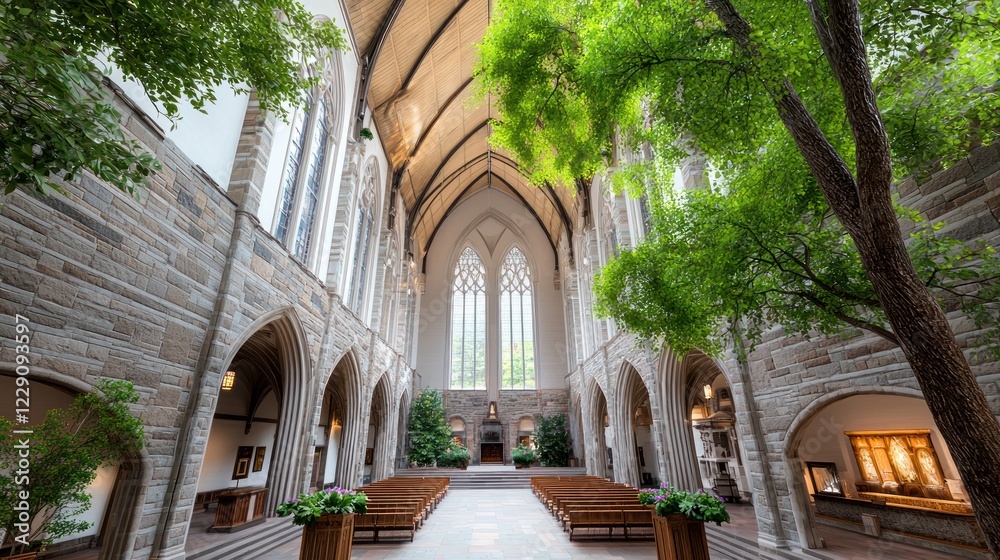 Obraz premium Stone Church Interior with Lush Greenery