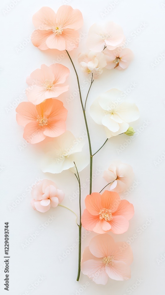 Soft peach and cream flowers arranged in a vertical pattern on a white background. Perfect for spring or wedding themes. Soft peach and cream flowers arranged in a vertical pattern on a white background. Perfect for spring or wedding themes.