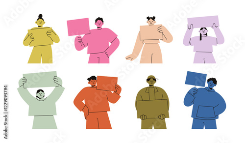 People holding blank banners and placards, set. Picket, protest and demonstration with paper board in hands. Male and female characters. Colored flat vector illustration isolated on white background
