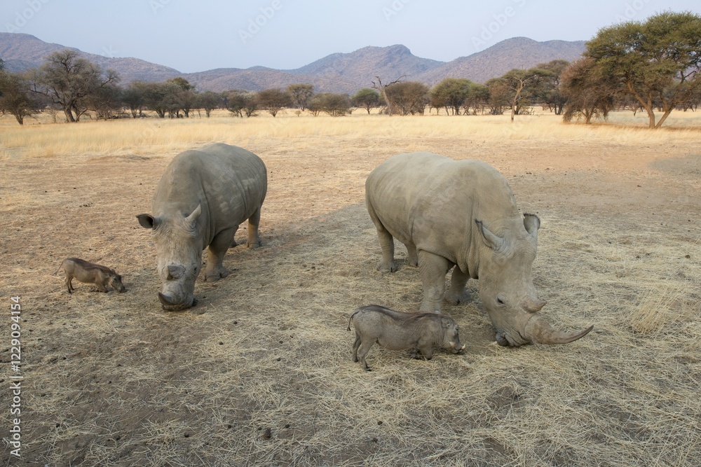 White rhinos (Ceratotherium simum) and warthogs (Phacochoerus africanus) grazing together, Okapuka Ranch, District Windhoek, Namibia, Africa