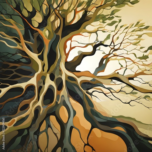 Abstract illustration depicting the branching patterns of tree roots representing natural optimization in structural engineering, AI generated