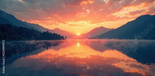 Sunset over mountain lake with misty atmosphere, water, landscape, sunset