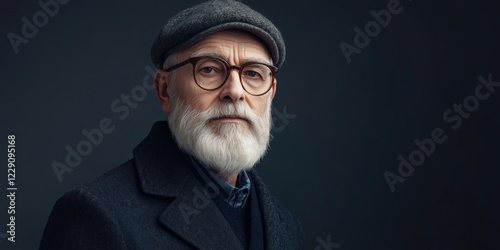 Elderly man with gray beard and glasses wearing a stylish cap and coat, exuding wisdom and sophistication against a dark background photo