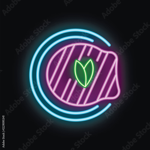 Bright neon sign showing a grilled steak with herbs, perfect for a restaurant logo