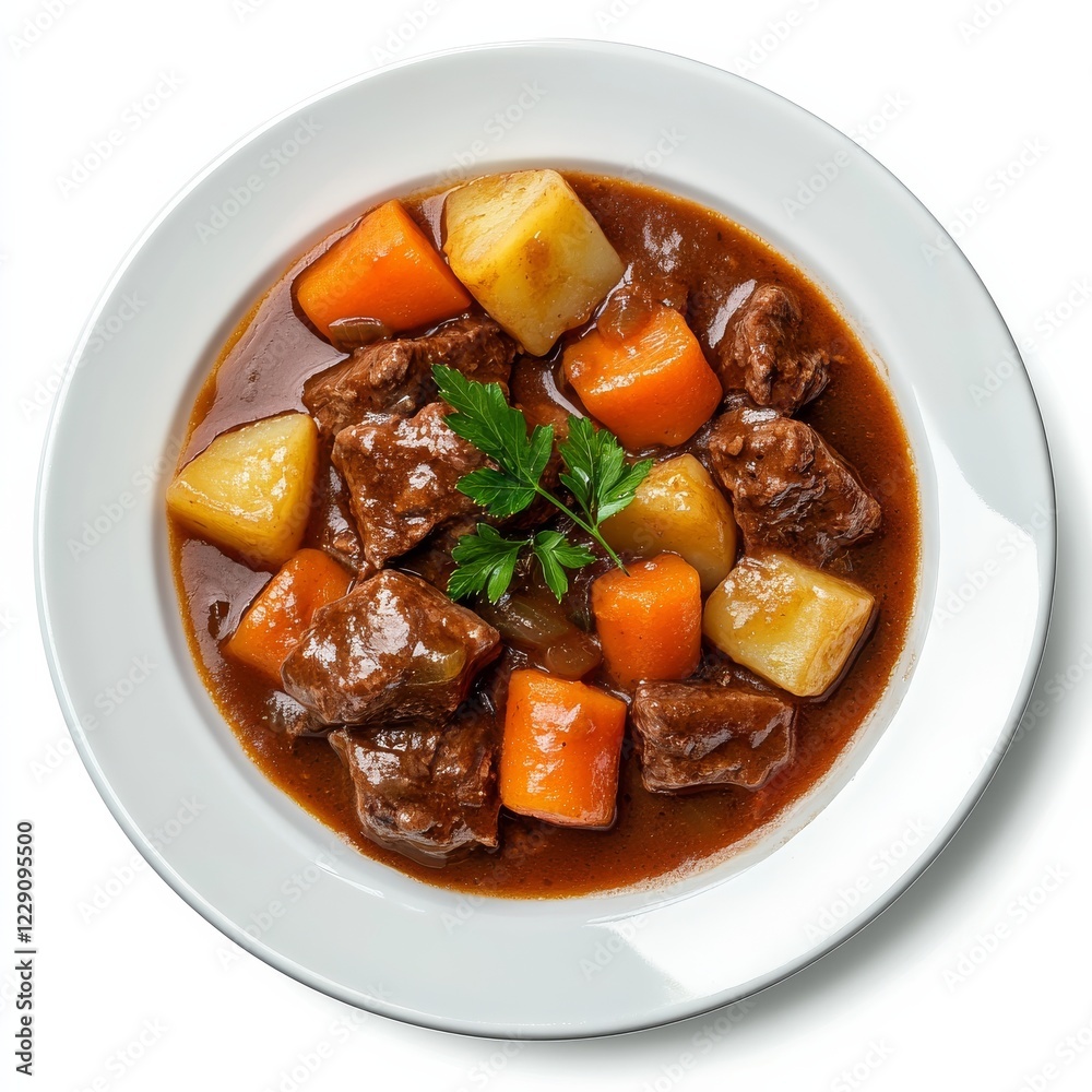 A plate of hearty beef stew with carrots and potatoes, isolated white background, impressionist art style A plate of hearty beef stew with carrots and potatoes, isolated white background, impressionist art style
