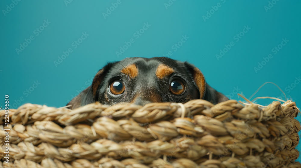 Obraz premium curious dog peeks over edge of woven basket, showcasing its expressive eyes and playful demeanor. vibrant background adds cheerful touch to scene