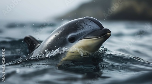 Vaquita porpoise or cochito (Phocoena sinus) breaking the ocean surface with a splash, playful expression, ai generated, AI generated photo