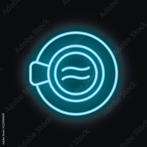 Blue neon sign depicting the libra zodiac symbol, shining on a black background