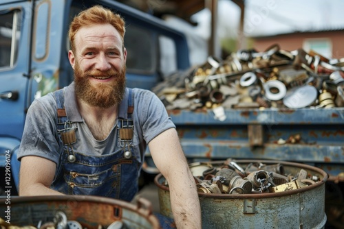 A red-haired man with a full beard, scrap dealer, in work clothes in a scrap yard, AI generated, AI generated, AI generated