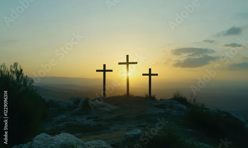 Three crosses silhouetted against sunset sky, symbolizing faith, hope, and sacrifice, set on rocky hilltop with distant landscape