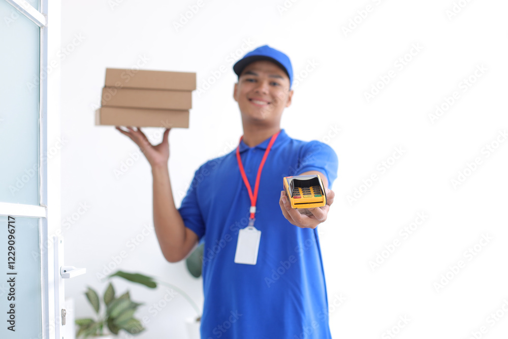 Portrait Of Young Delivery Man Carrying Package Box And Giving EDC Machine To Front For Cashless Payment Portrait Of Young Delivery Man Carrying Package Box And Giving EDC Machine To Front For Cashless Payment