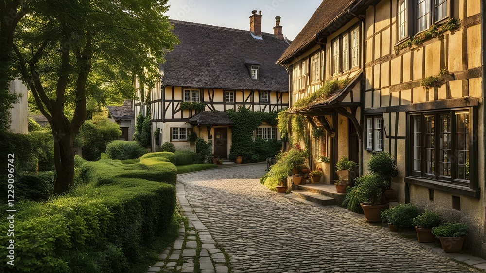 Fototapeta premium Traditional half timbered house nestled within the heart of a picturesque village in golden hour light, AI generated