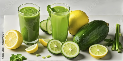 Bottle of vibrant green detox juice surrounded by green fruit and vegetables, AI generated