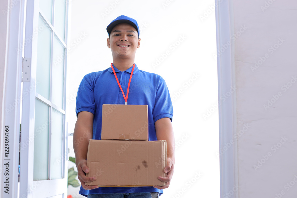 Portrait Of Young Delivery Man Carrying Stack Of Cardbox Package In Front Of The Door Portrait Of Young Delivery Man Carrying Stack Of Cardbox Package In Front Of The Door