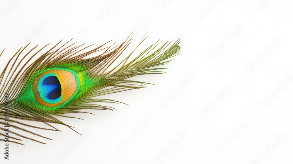 Obraz premium Vibrant Peacock Feather with Striking Eye Pattern on White Background