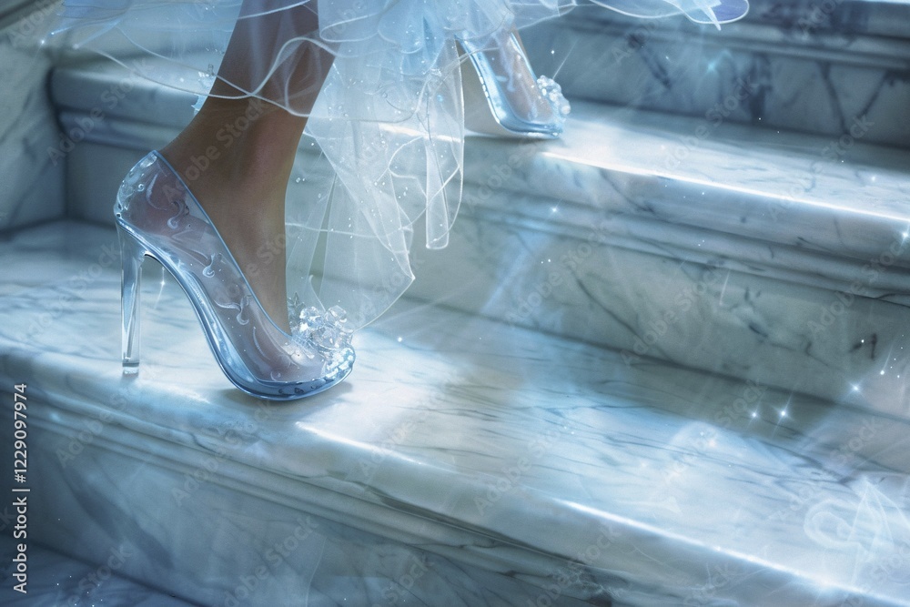 custom made wallpaper toronto digitalClose up of woman's feet in glass high heel shoes walking up stairs. KI generiert, generiert, AI generated
